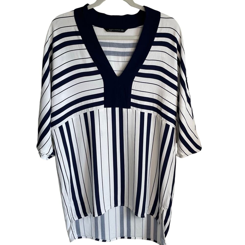 Zara Woman Striped Tunic Top Sz L Blue White V-Neck Hi-Low Hem Coastal Beachy